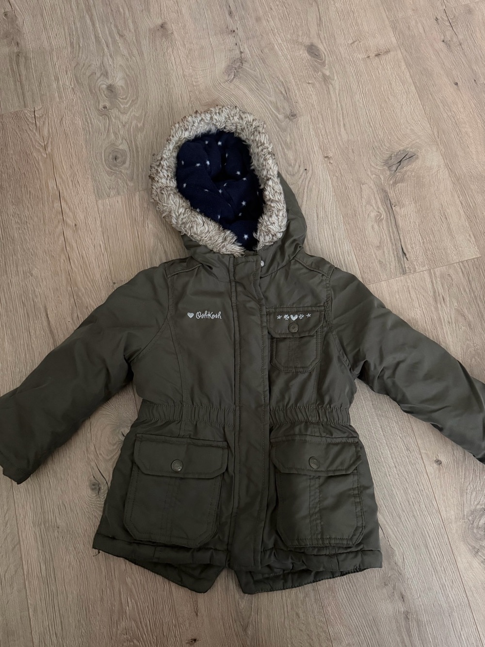 Girls Olive Green Hooded Winter Coat with Faux Fur Trim